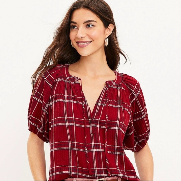 Loft Red Plaid Tie-Neck Puff Sleeve Top - Picture 2 of 5